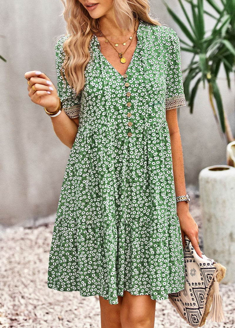 Floral Buttoned Puff Sleeve Dress - Country Club Prep