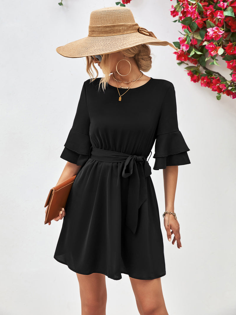 Round Neck Tie Belt Flounce Sleeve Dress - Country Club Prep