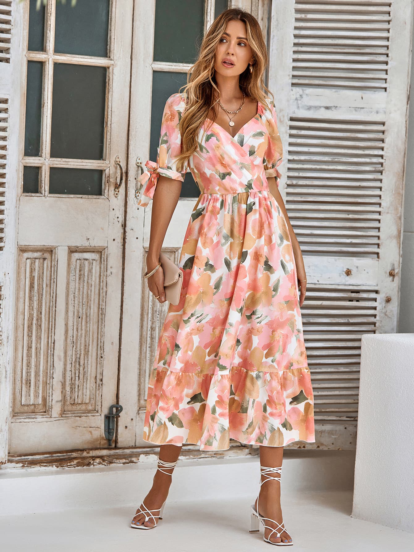 Floral Tie Cuff Surplice Neck Dress - Country Club Prep