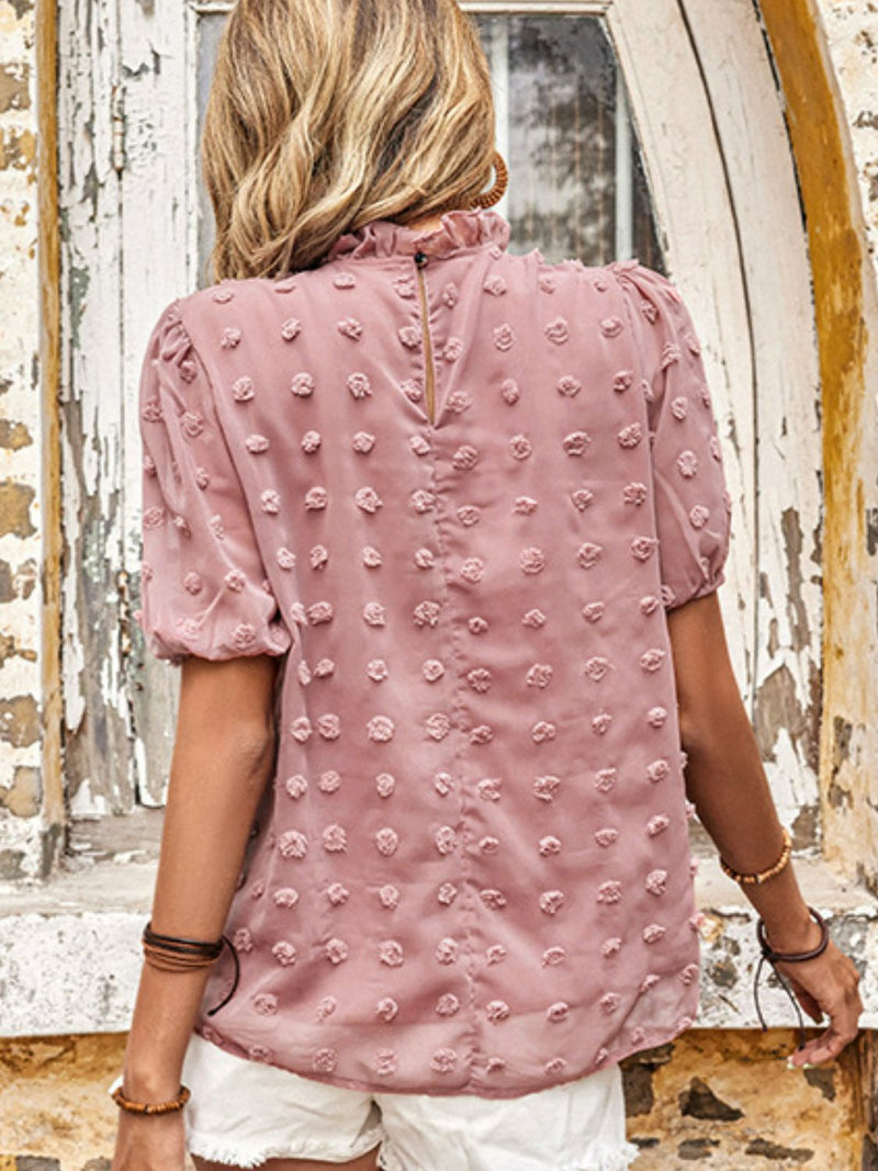 Swiss Dot Ruched Frill Trim Top - Country Club Prep