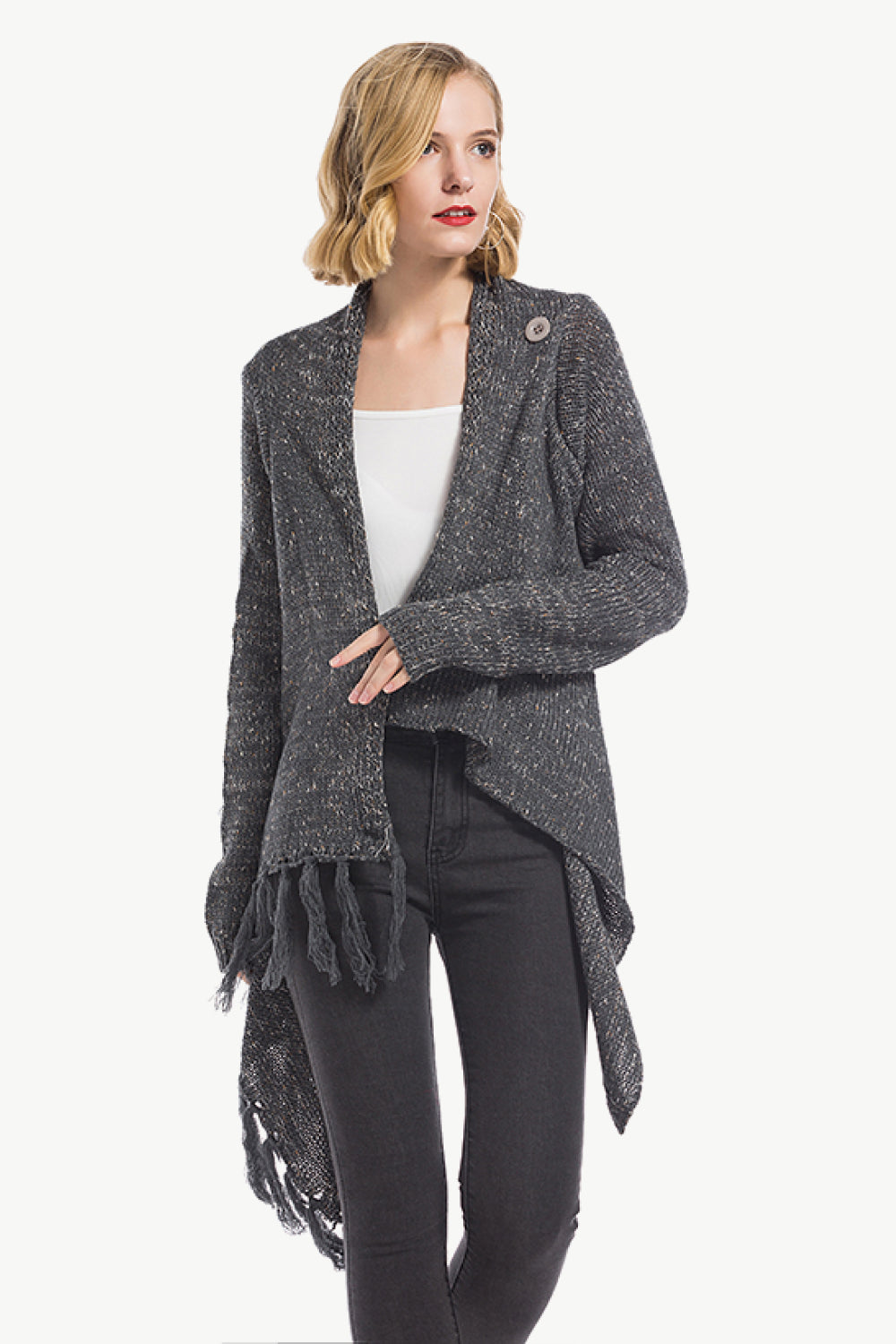 One-Button Tassel Tie Asymmetrical Hem Cardigan - Country Club Prep