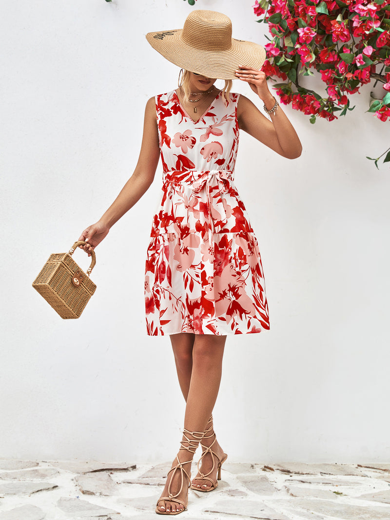 Floral V-Neck Tie Waist Sleeveless Dress - Country Club Prep