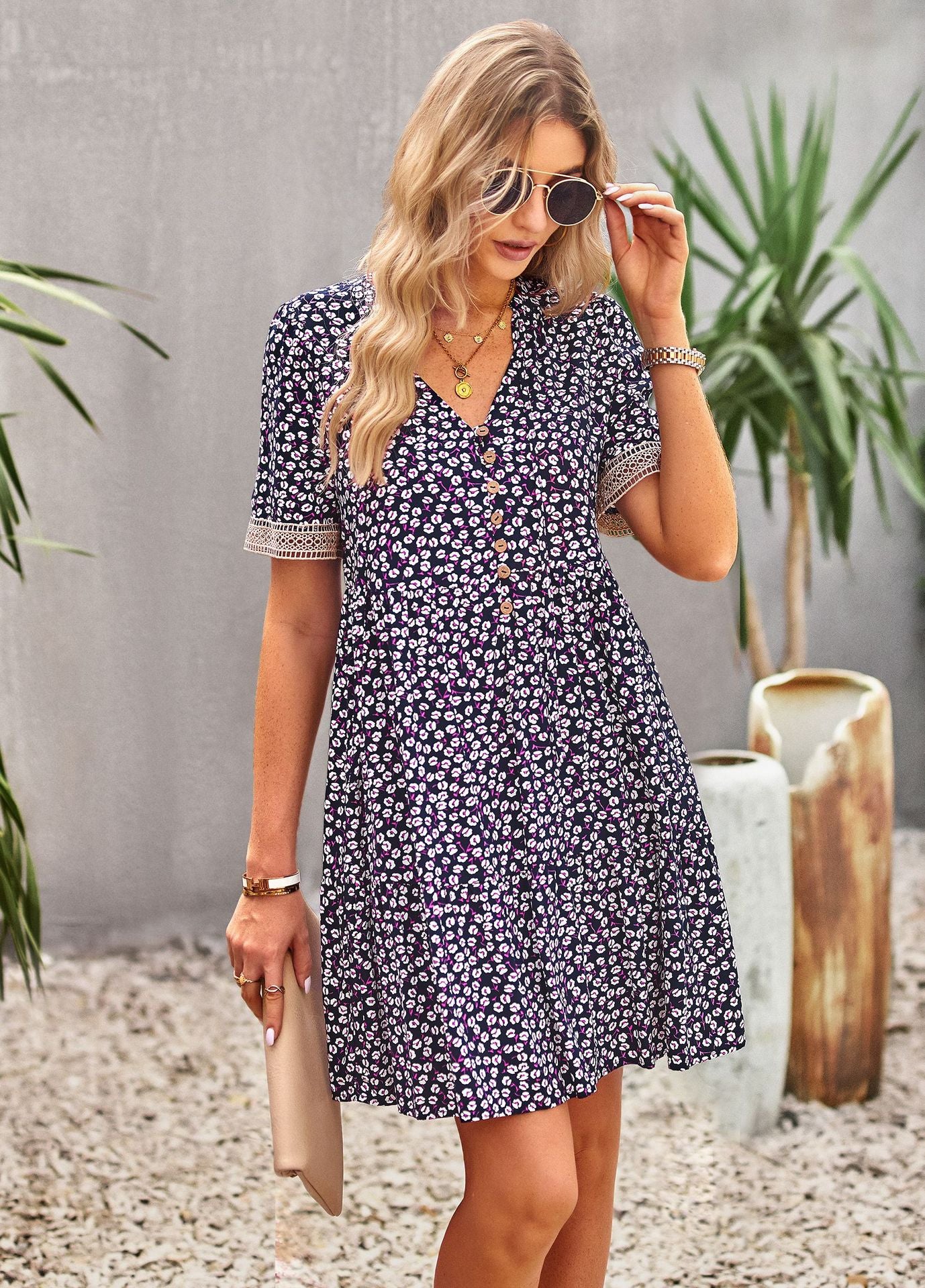 Floral Buttoned Puff Sleeve Dress - Country Club Prep