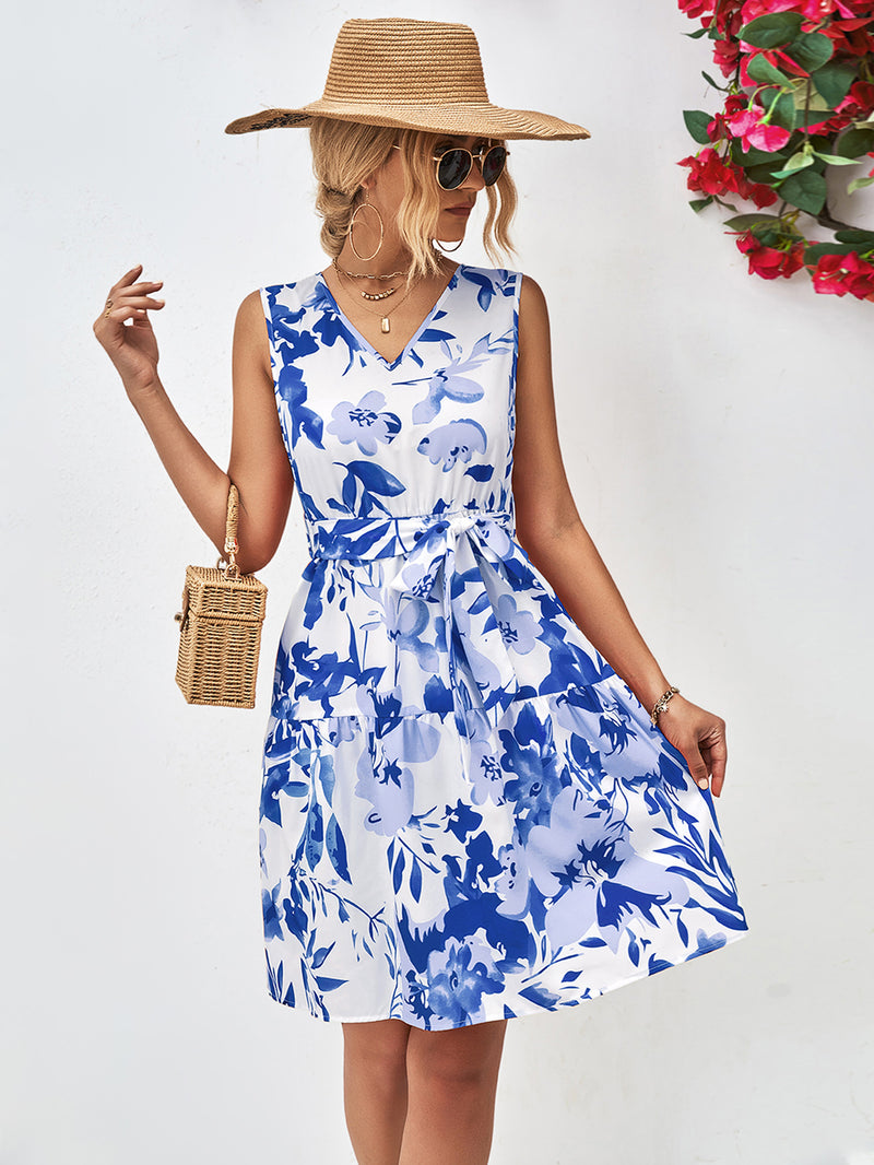 Floral V-Neck Tie Waist Sleeveless Dress - Country Club Prep