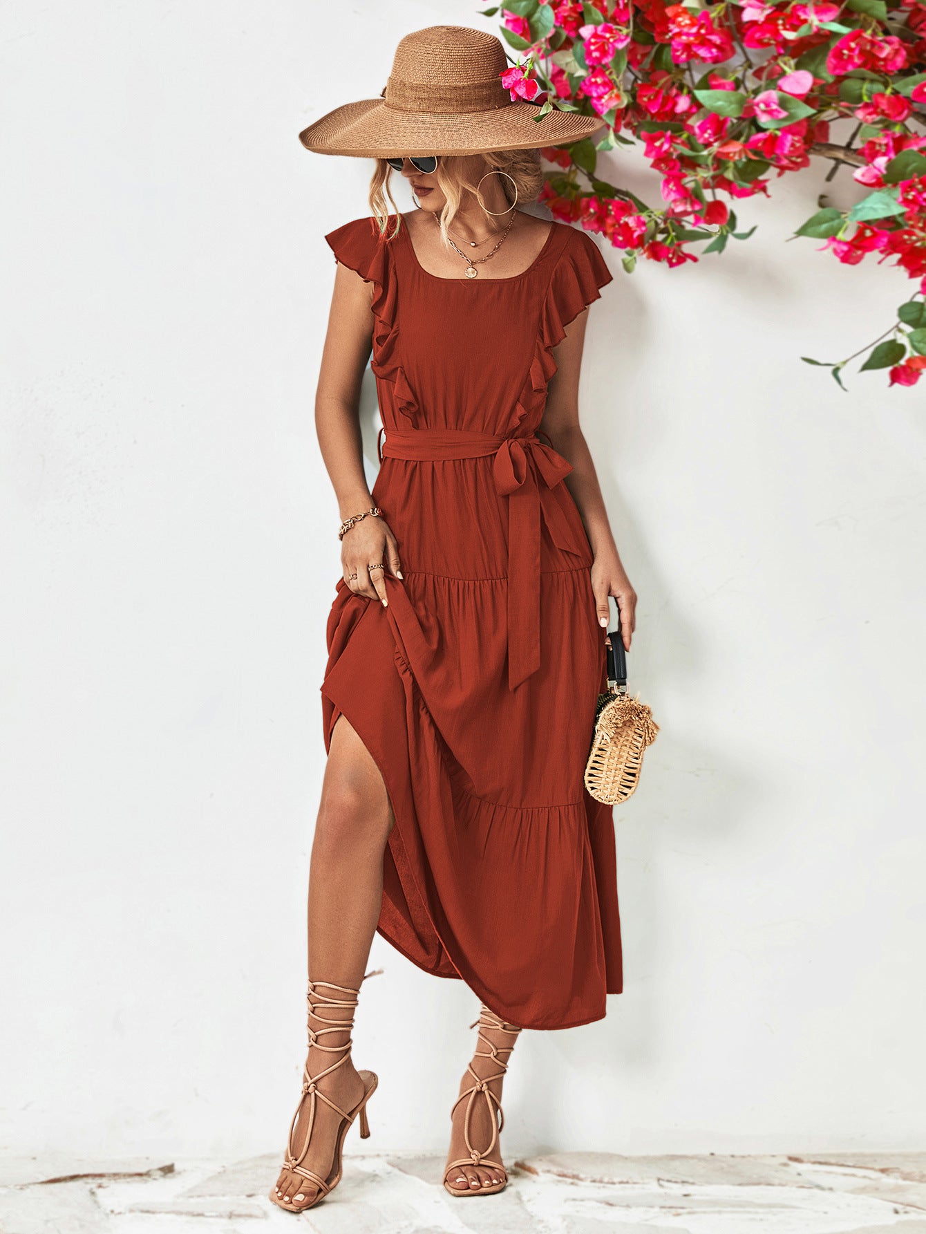 Tie Belt Ruffled Tiered Dress - Country Club Prep