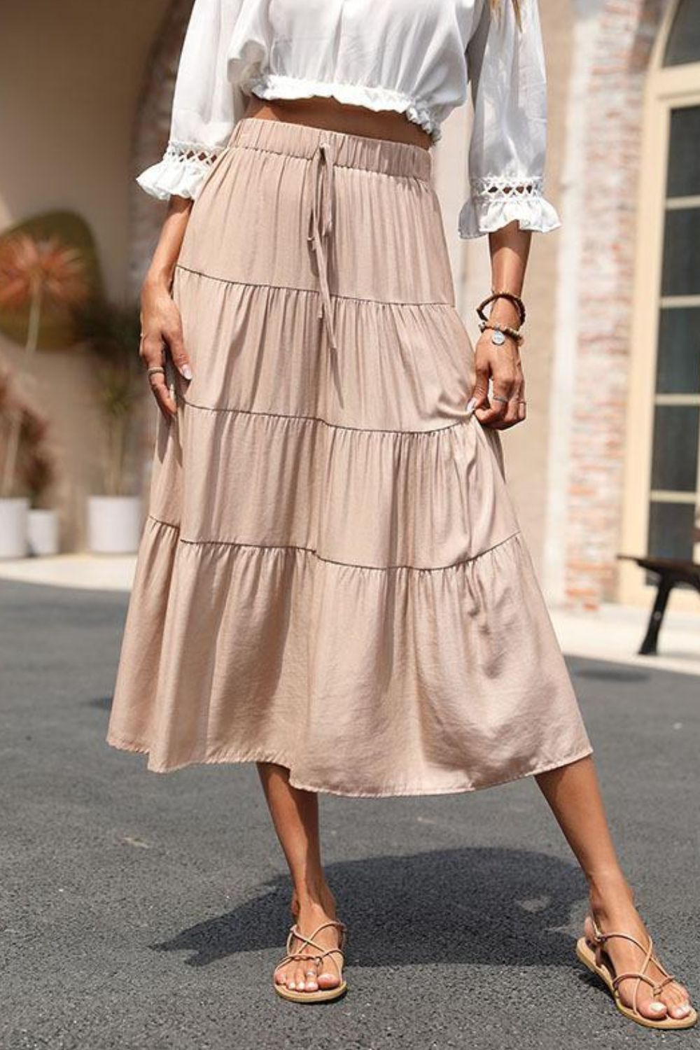 Elastic Waist Tiered Midi Skirt - Country Club Prep