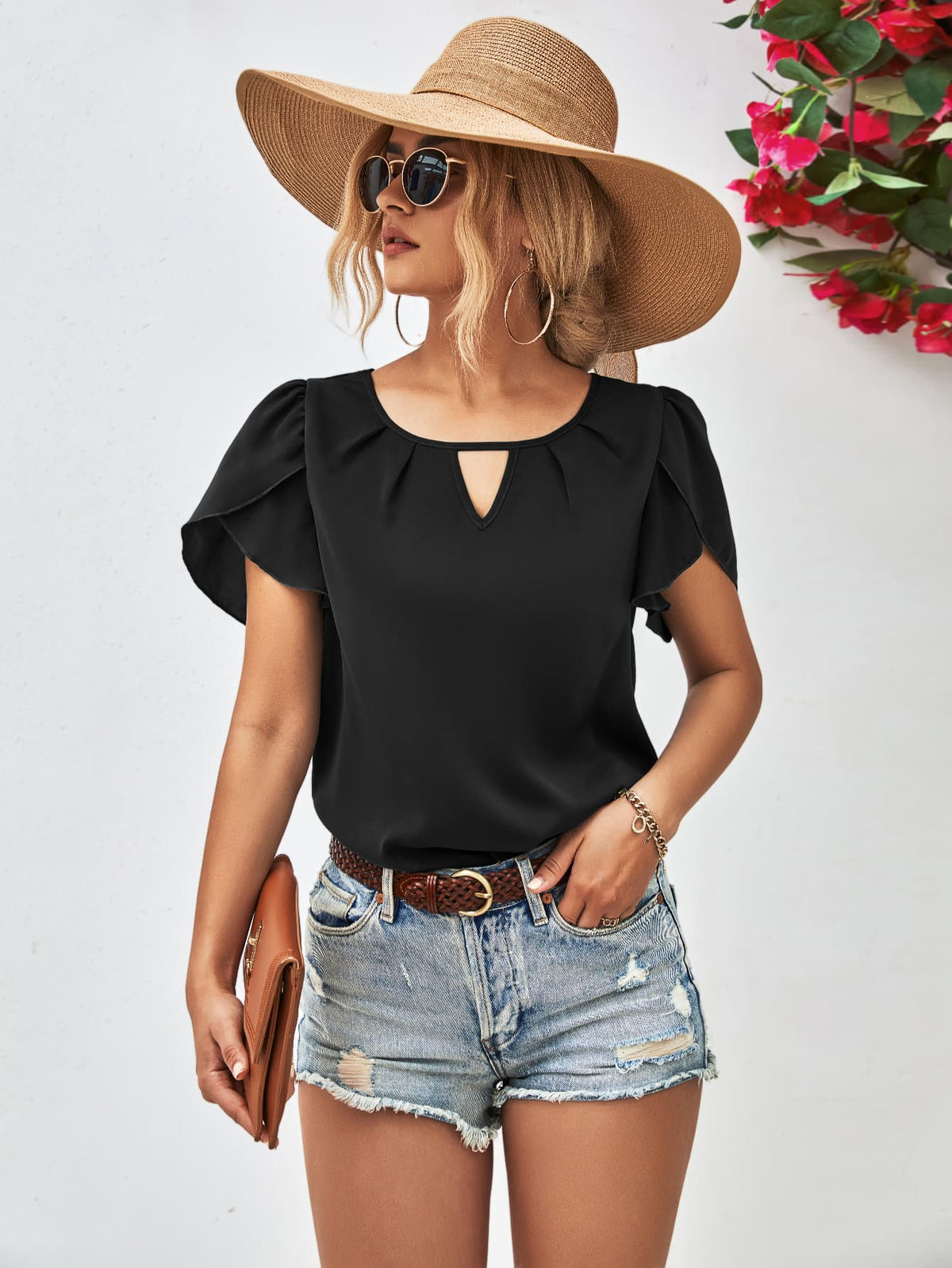 Cutout Round Neck Petal Sleeve Blouse - Country Club Prep