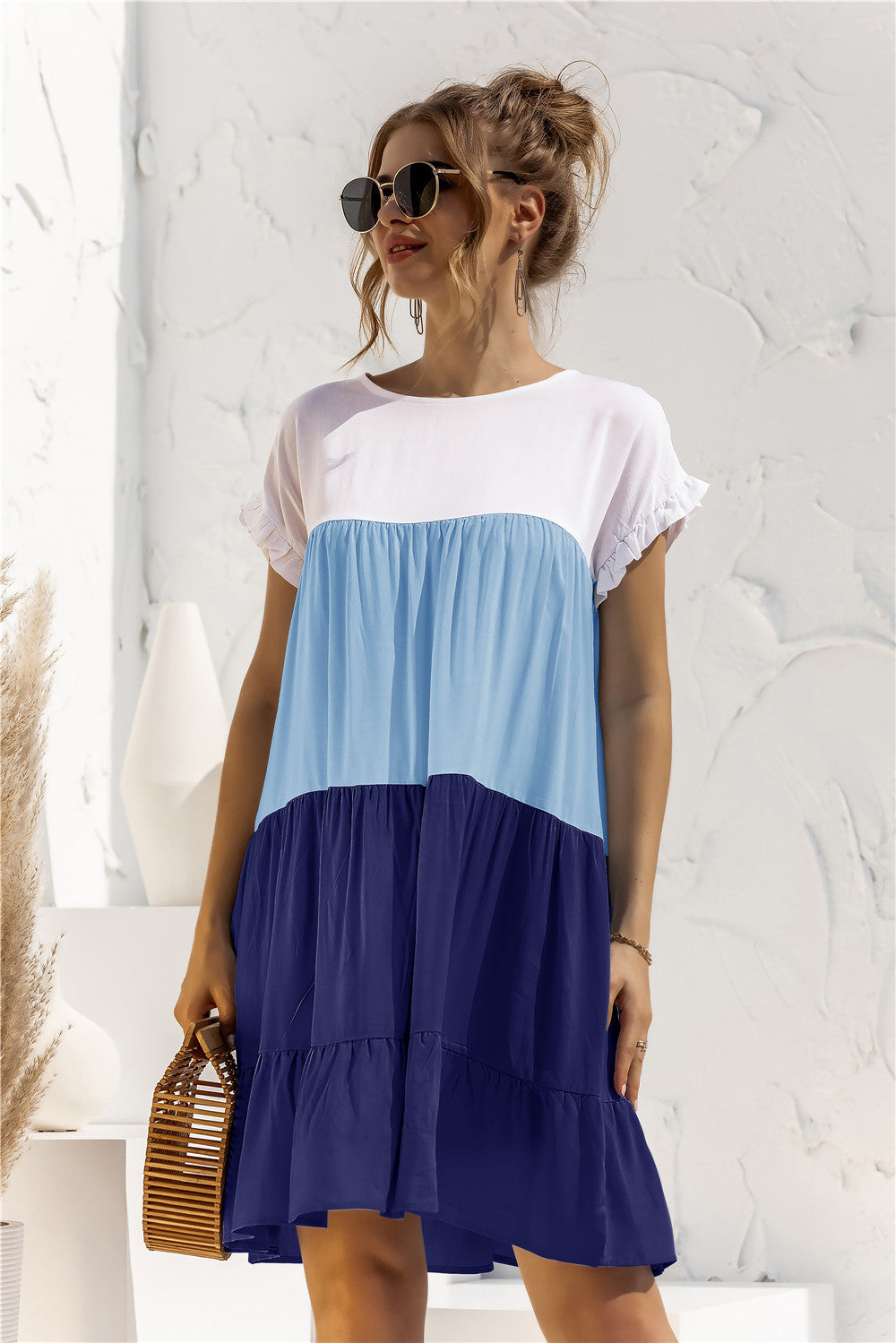 Color Block Round Neck Ruffle Hem Dress - Country Club Prep