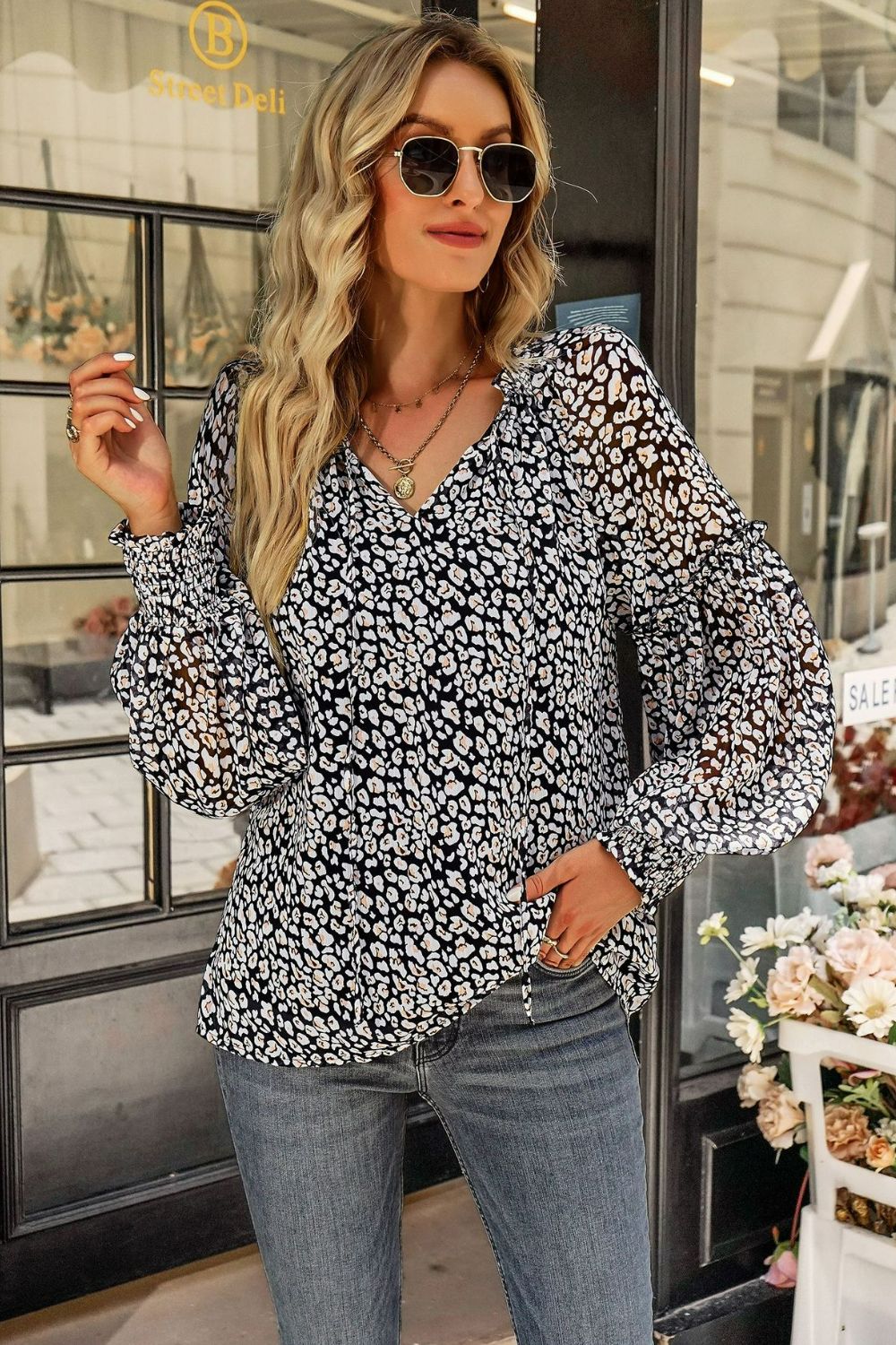 Floral Tie Neck Lantern Sleeve Blouse - Country Club Prep