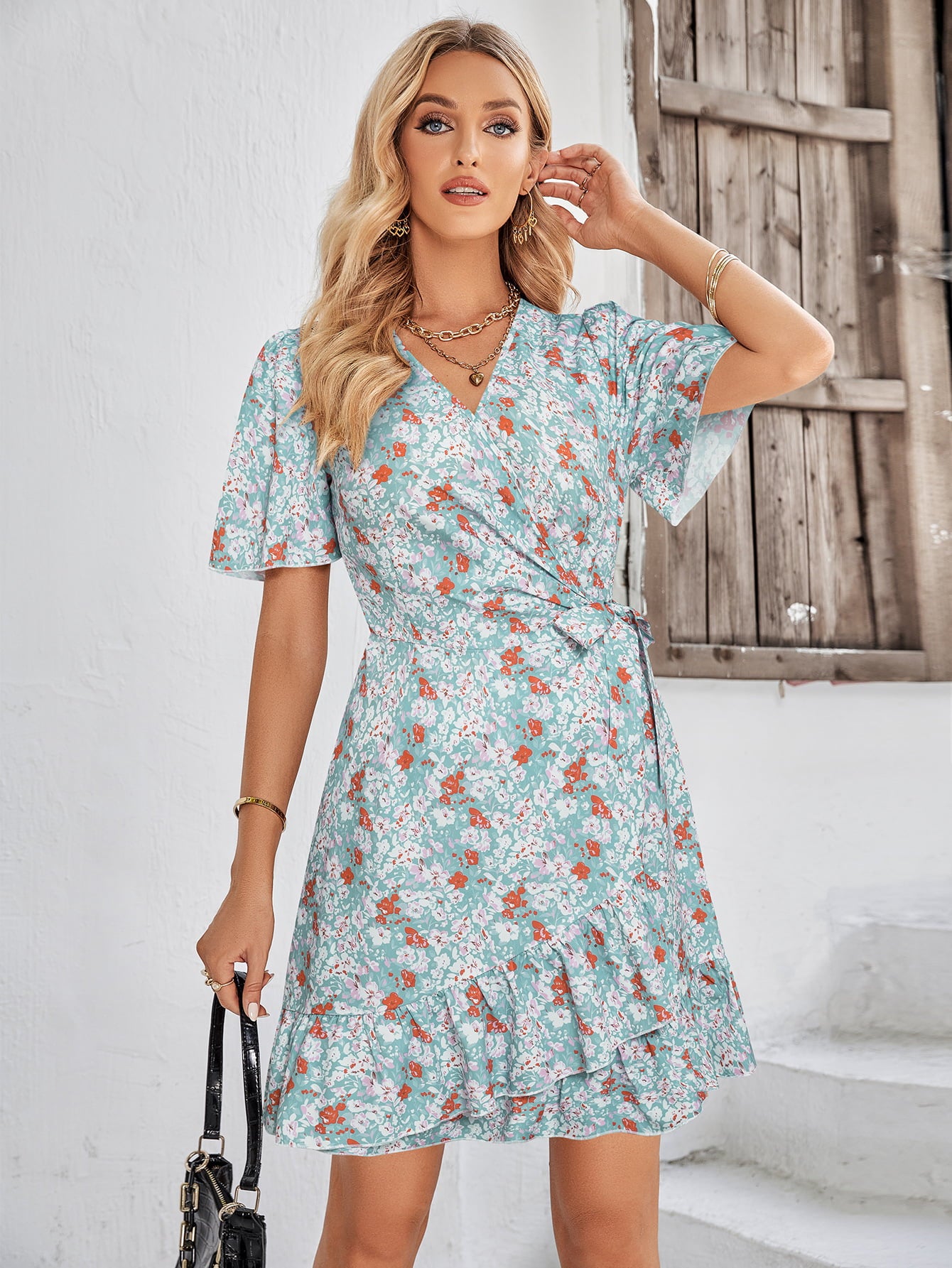 Floral Short Sleeve Ruffle Hem Dress Pastel Blue / S