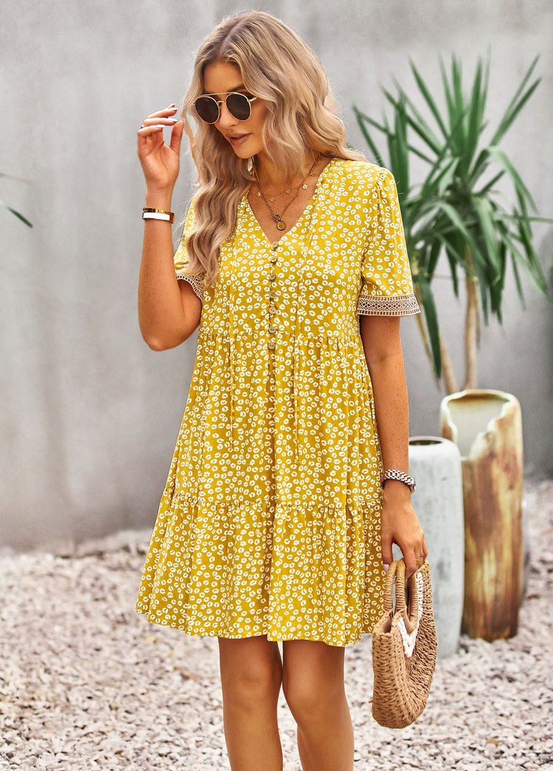 Floral Buttoned Puff Sleeve Dress - Country Club Prep