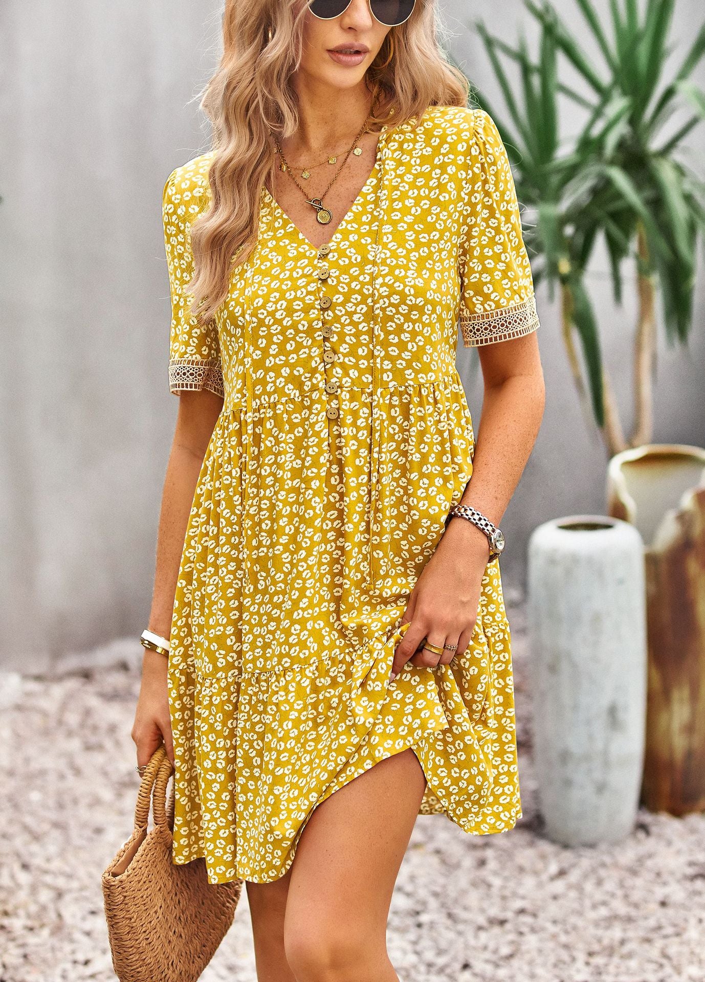 Floral Buttoned Puff Sleeve Dress - Country Club Prep