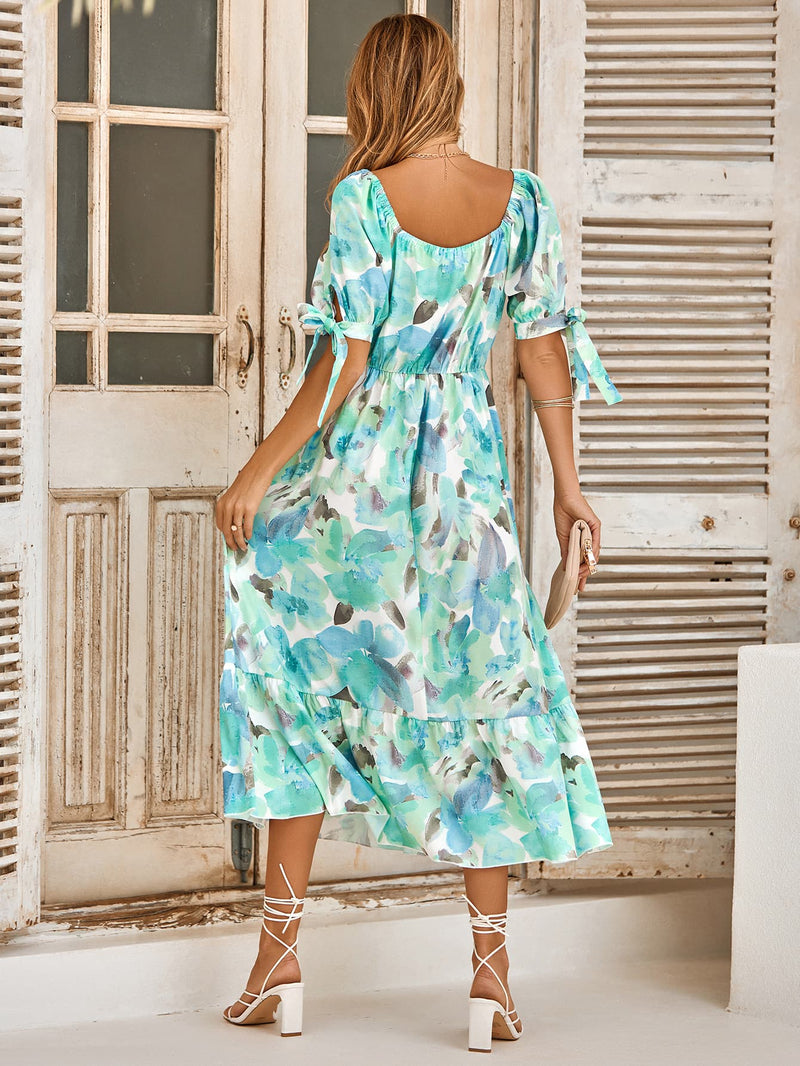 Floral Tie Cuff Surplice Neck Dress - Country Club Prep