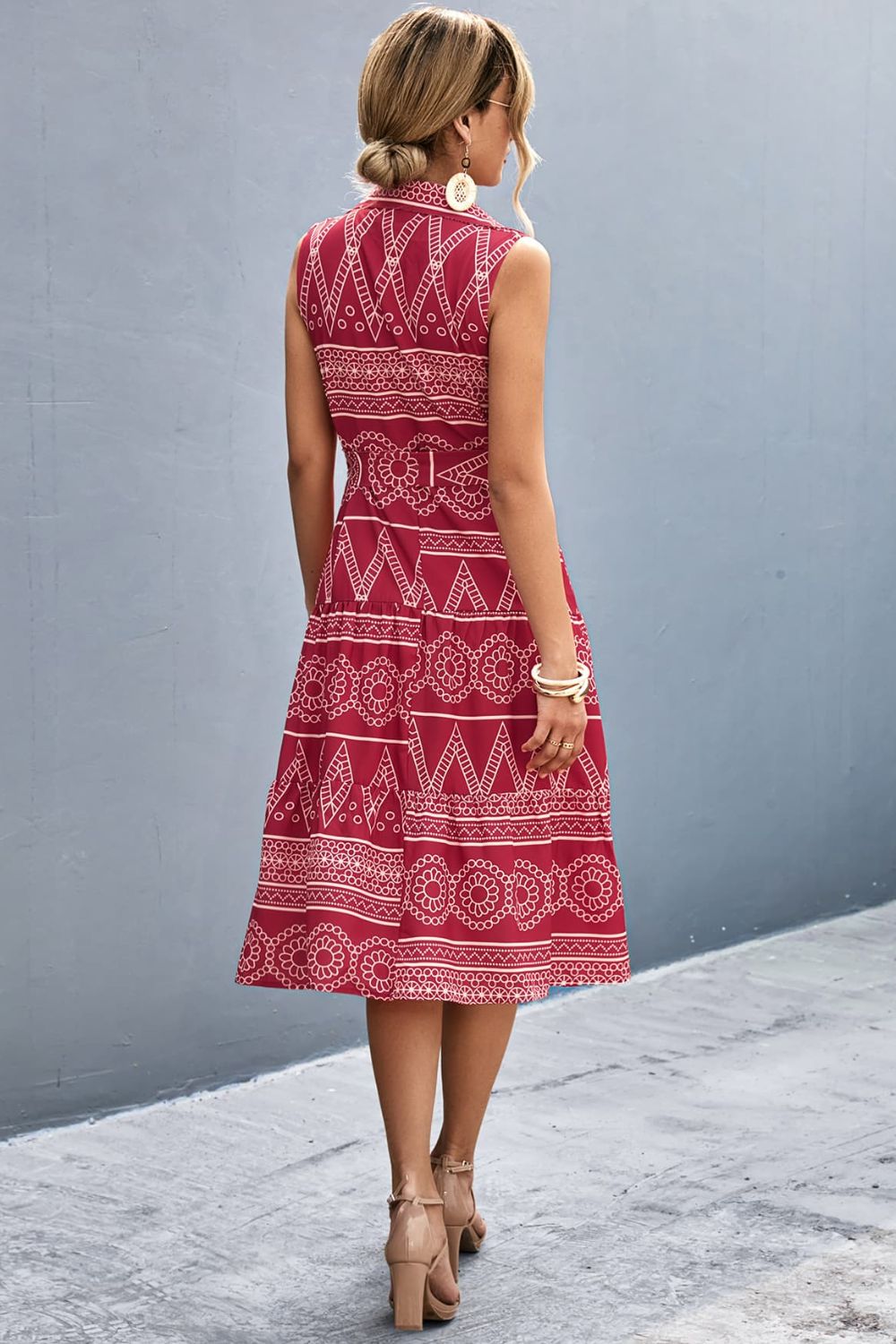 white christmas dresses Printed Button Front Tie-Waist Sleeveless Collared Dress