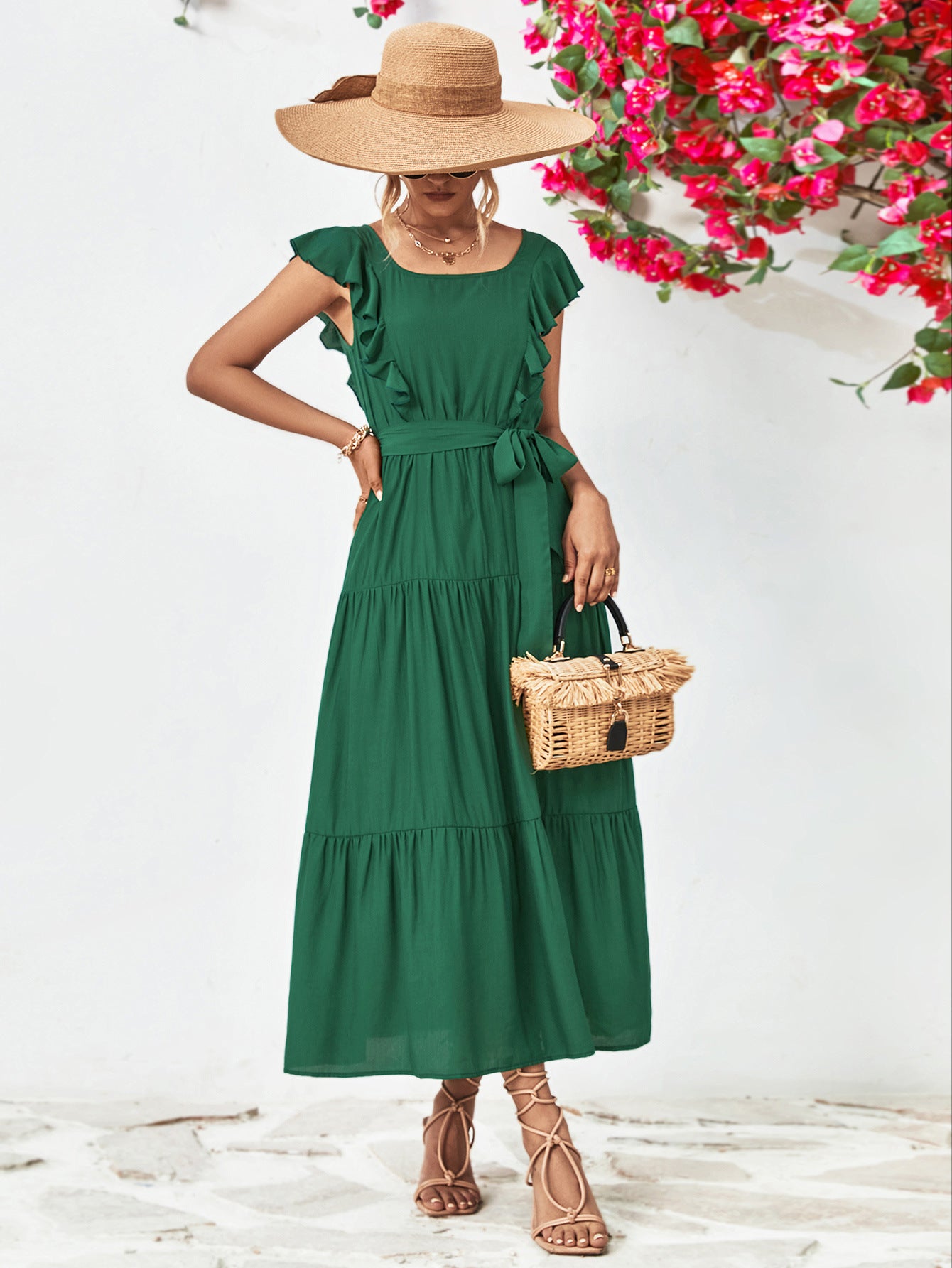 Tie Belt Ruffled Tiered Dress Brick Red / S Tie Belt Ruffled Tiered Dress Brick Red / S