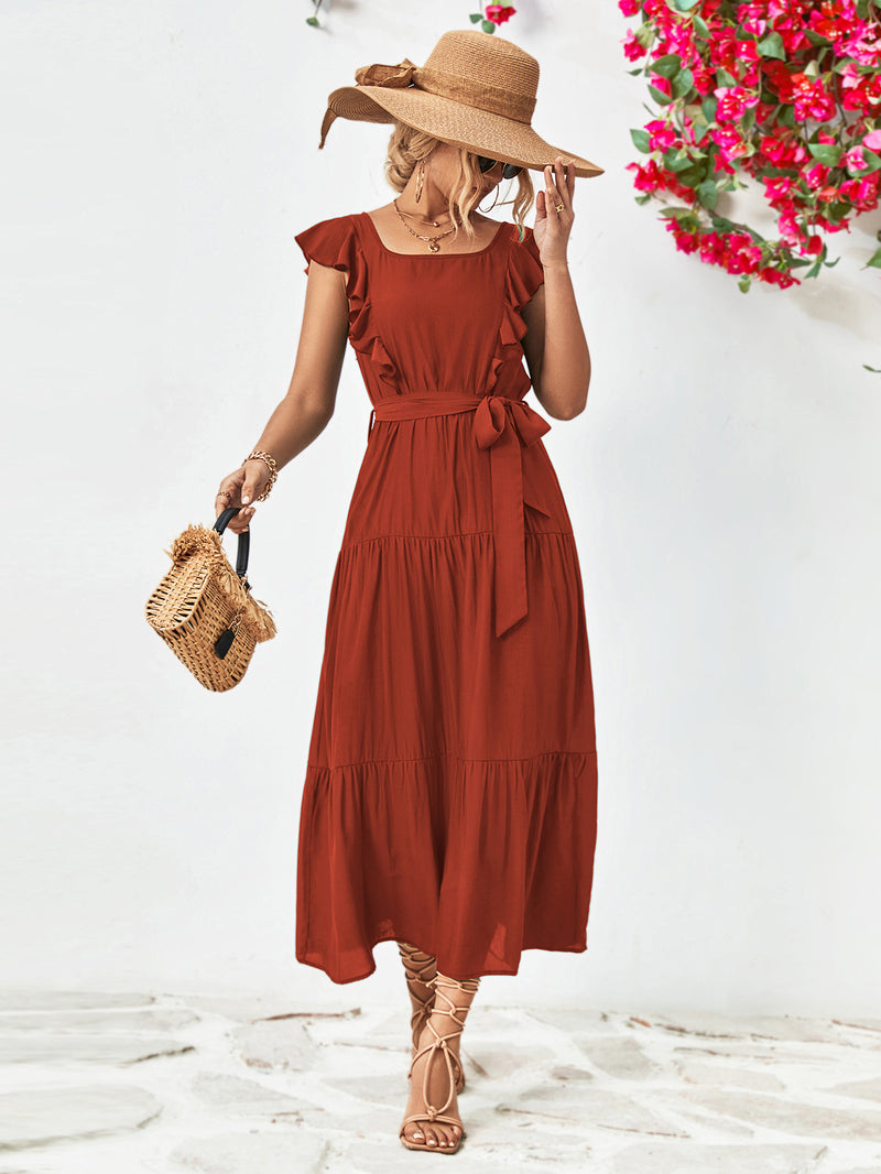 Tie Belt Ruffled Tiered Dress - Country Club Prep