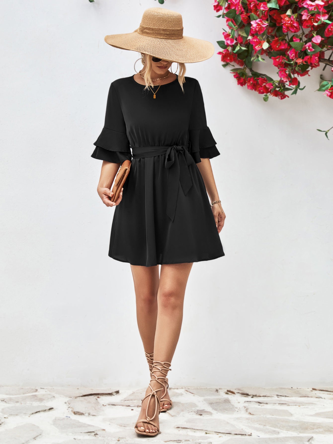 Round Neck Tie Belt Flounce Sleeve Dress Forest / M