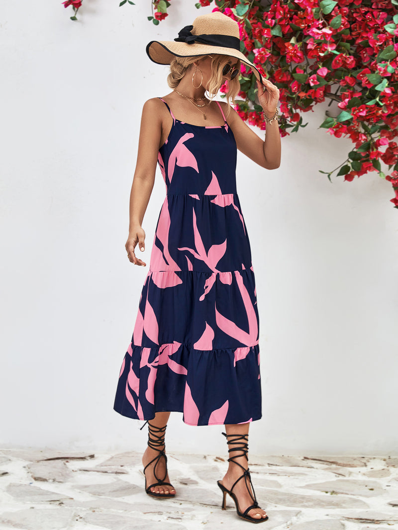 Printed Spaghetti Strap Tiered Midi Dress - Country Club Prep