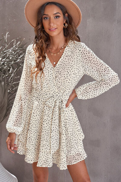 Tied Polka Dot Balloon Sleeve Layered Dress - Country Club Prep