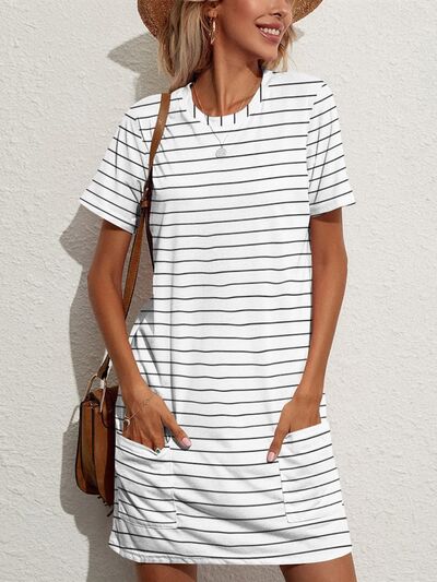 Pocketed Striped Round Neck Short Sleeve Dress - Country Club Prep