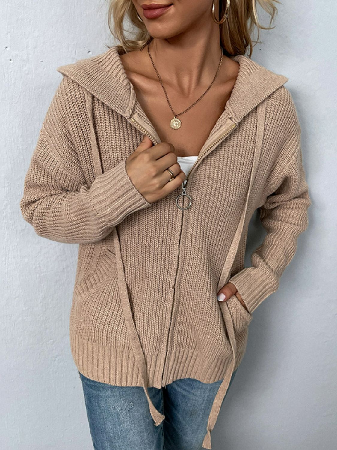 Zip-Up Drawstring Detail Hooded Cardigan - Country Club Prep