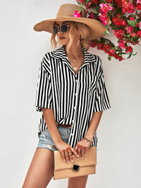 Striped Dropped Shoulder Half Sleeve Shirt - Country Club Prep