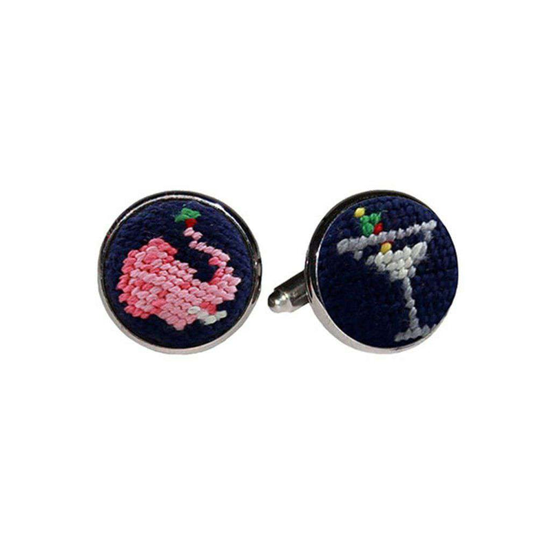 Elephant Martini Needlepoint Cufflinks in Dark Navy by Smathers & Branson - Country Club Prep