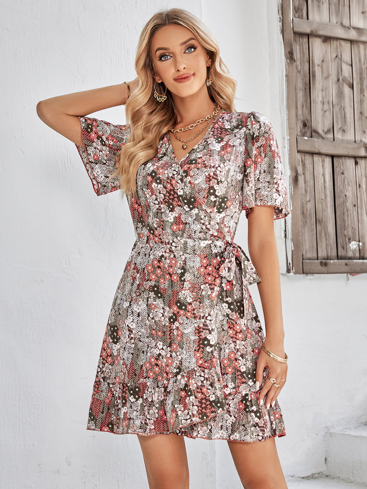 Floral Short Sleeve Ruffle Hem Dress - Country Club Prep