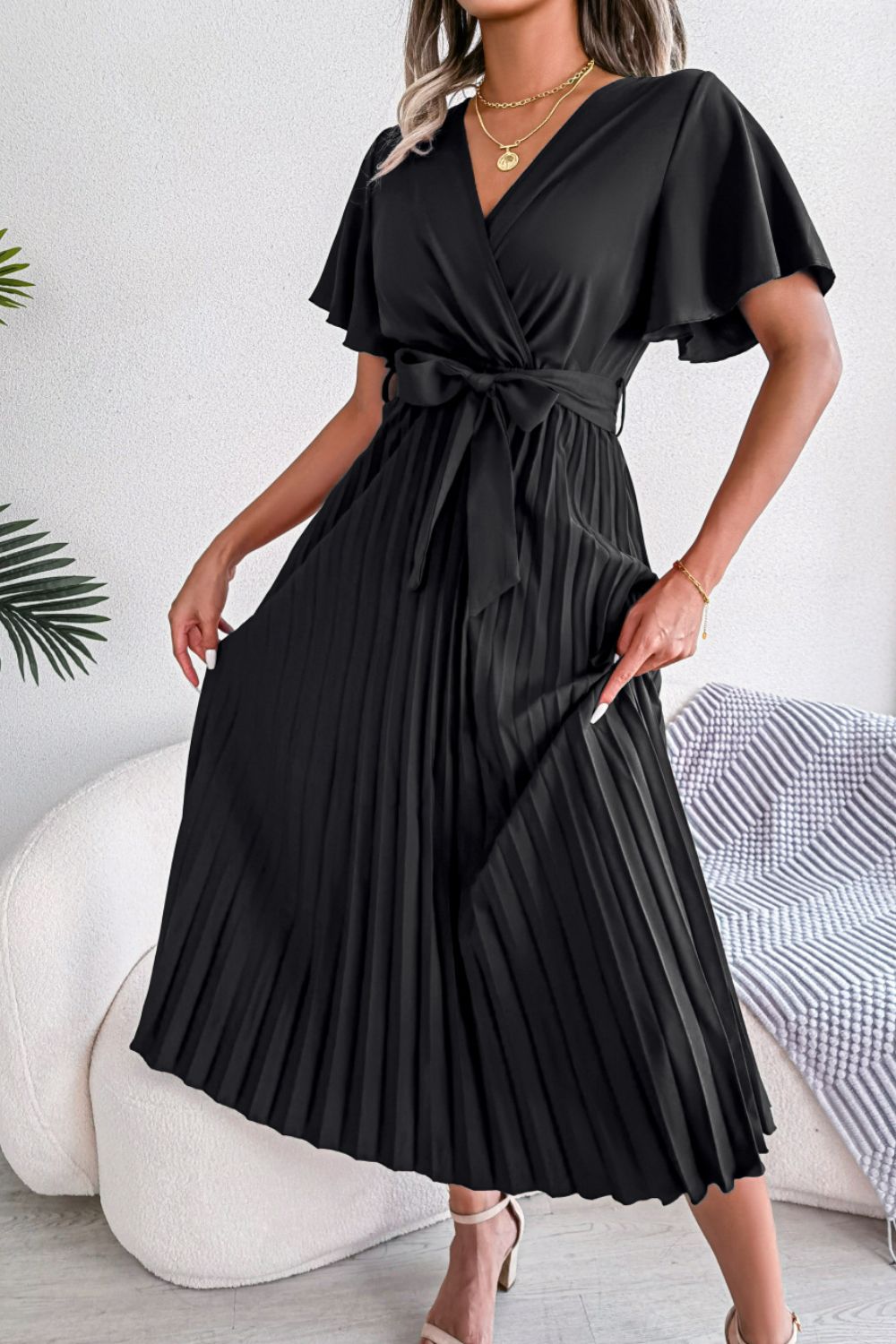 Pleated Flutter Sleeve Belted Dress Black / L Pleated Flutter Sleeve Belted Dress Black / L