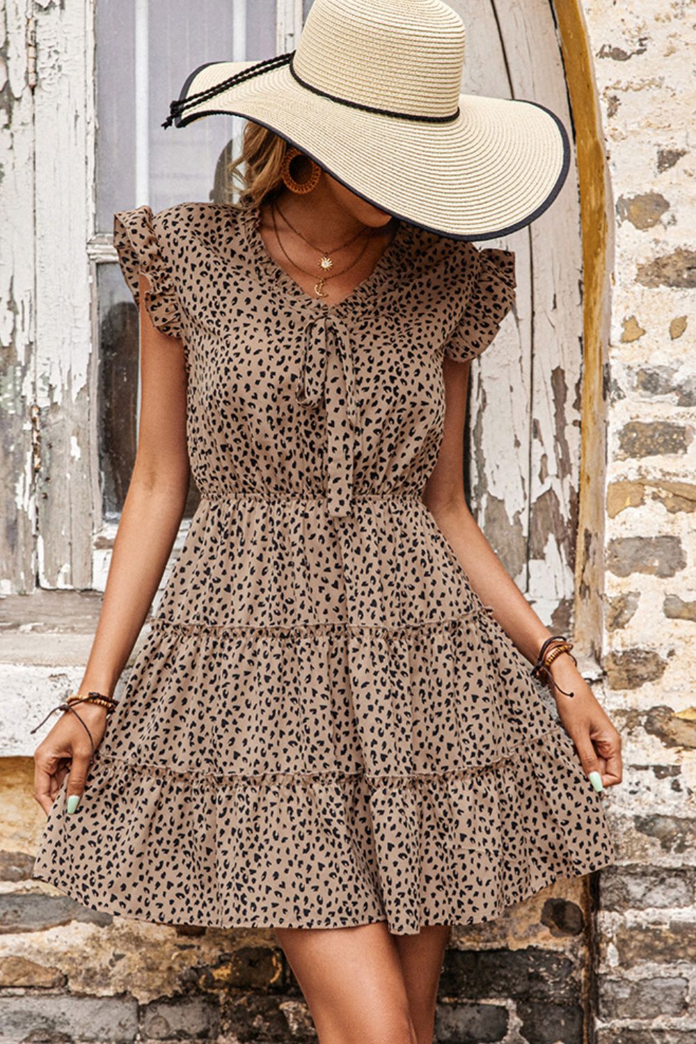 Leopard Print Butterfly Sleeve Tiered Dress - Country Club Prep