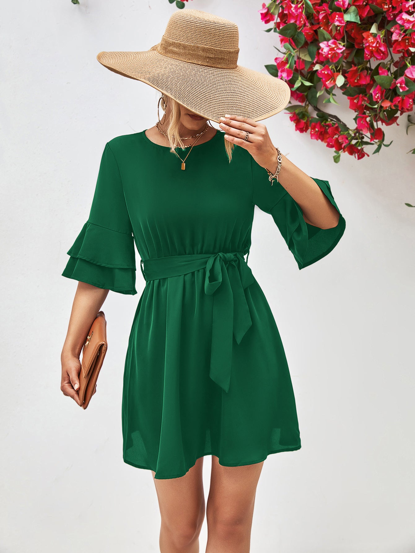 Round Neck Tie Belt Flounce Sleeve Dress - Country Club Prep