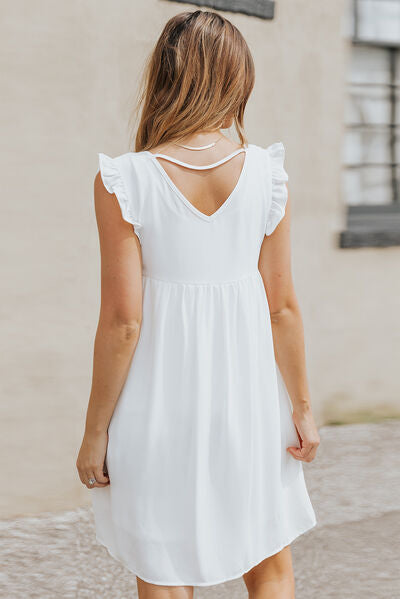 Ruffled Geometric V-Neck Sleeveless Dress - Country Club Prep