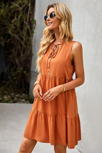 Tie Neck Tiered Dress with Decorative Buttons - Country Club Prep