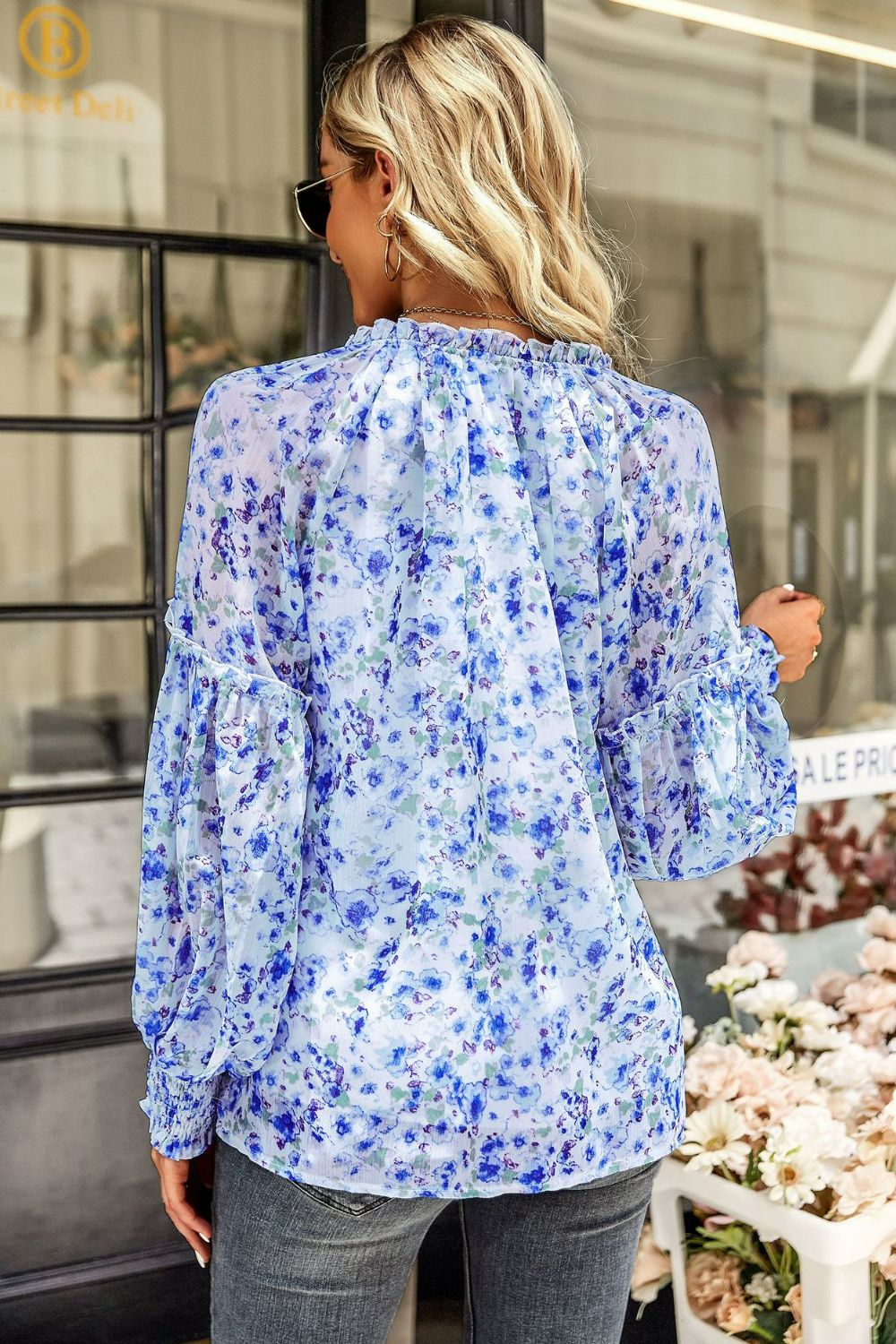 Floral Tie Neck Lantern Sleeve Blouse - Country Club Prep