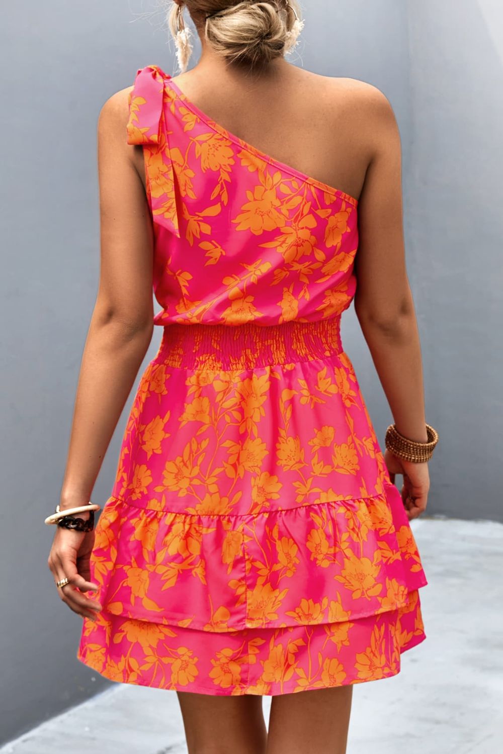 Floral Smocked Waist Tied One-Shoulder Dress – Country Club Prep