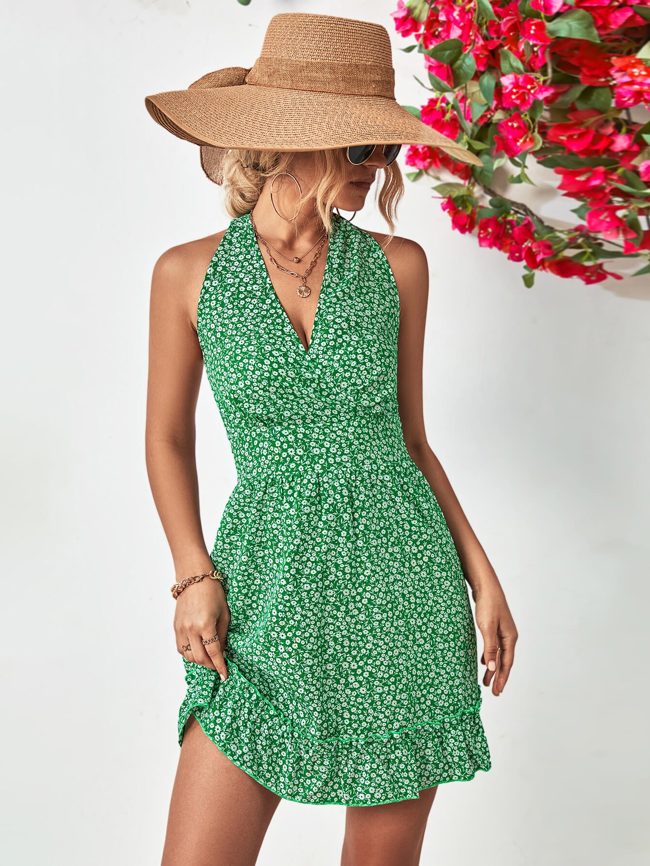 Ditsy Floral Halter Neck Ruffle Hem Dress - Country Club Prep