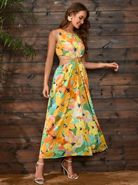 Cutout Floral Round Neck Sleeveless Dress - Country Club Prep