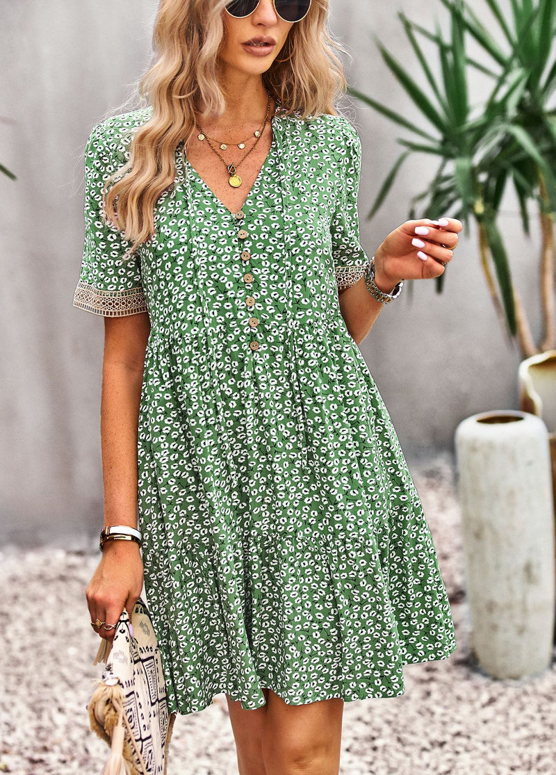 Floral Buttoned Puff Sleeve Dress - Country Club Prep