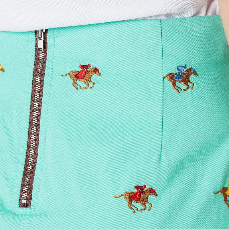 Stretch Twill Ali Skirt with Embroidered Racing Horses in Palm Green by Castaway Clothing - Country Club Prep