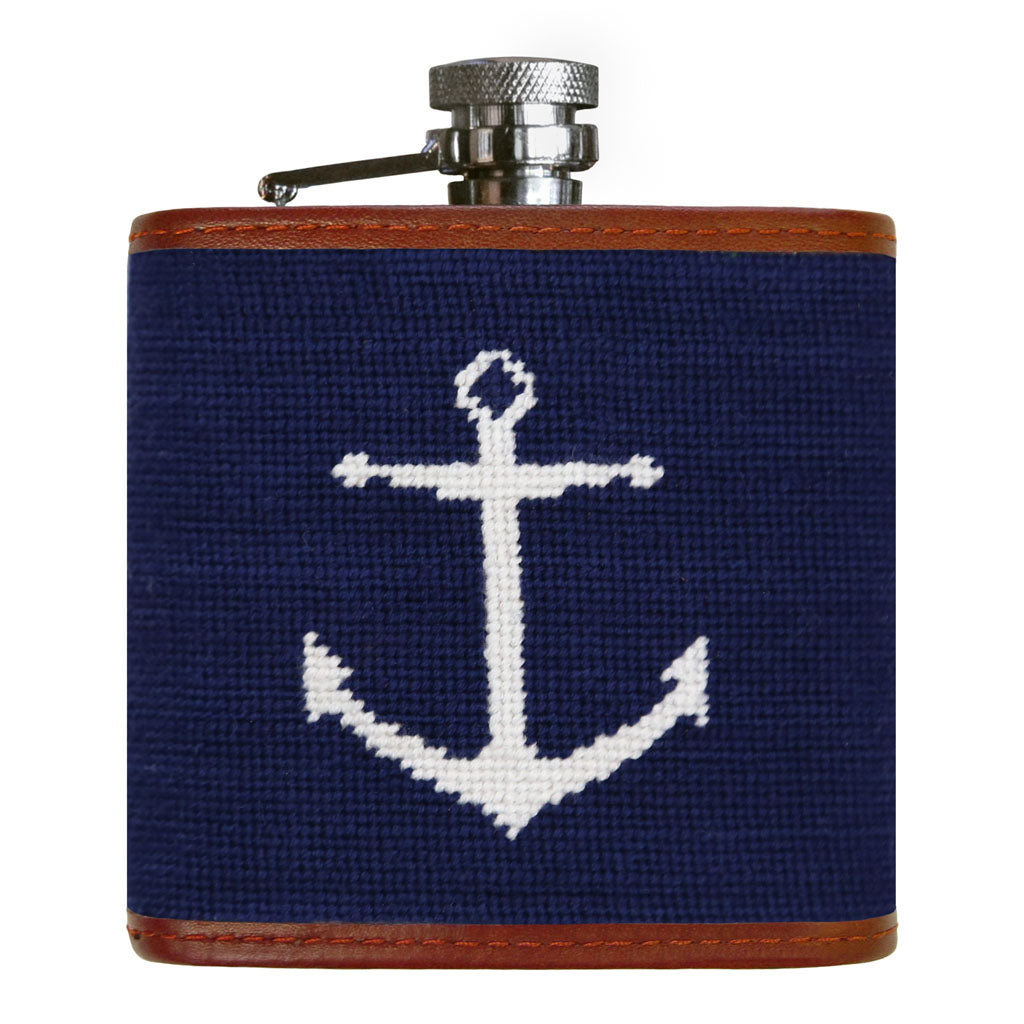 Anchor Needlepoint Flask in Dark Navy by Smathers & Branson - Country Club Prep