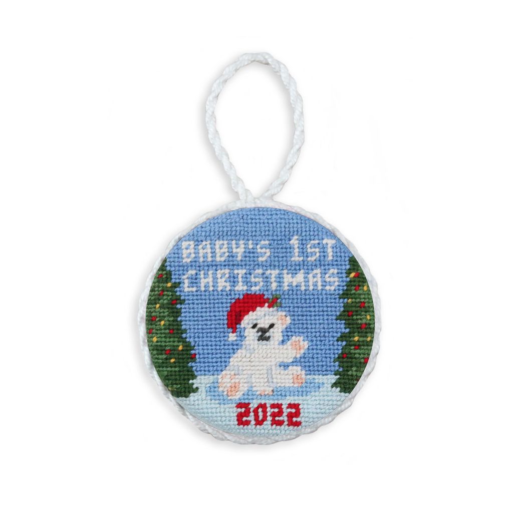 Baby's 1st Christmas Polar Bear 2022 Needlepoint Ornament by Smathers & Branson - Country Club Prep