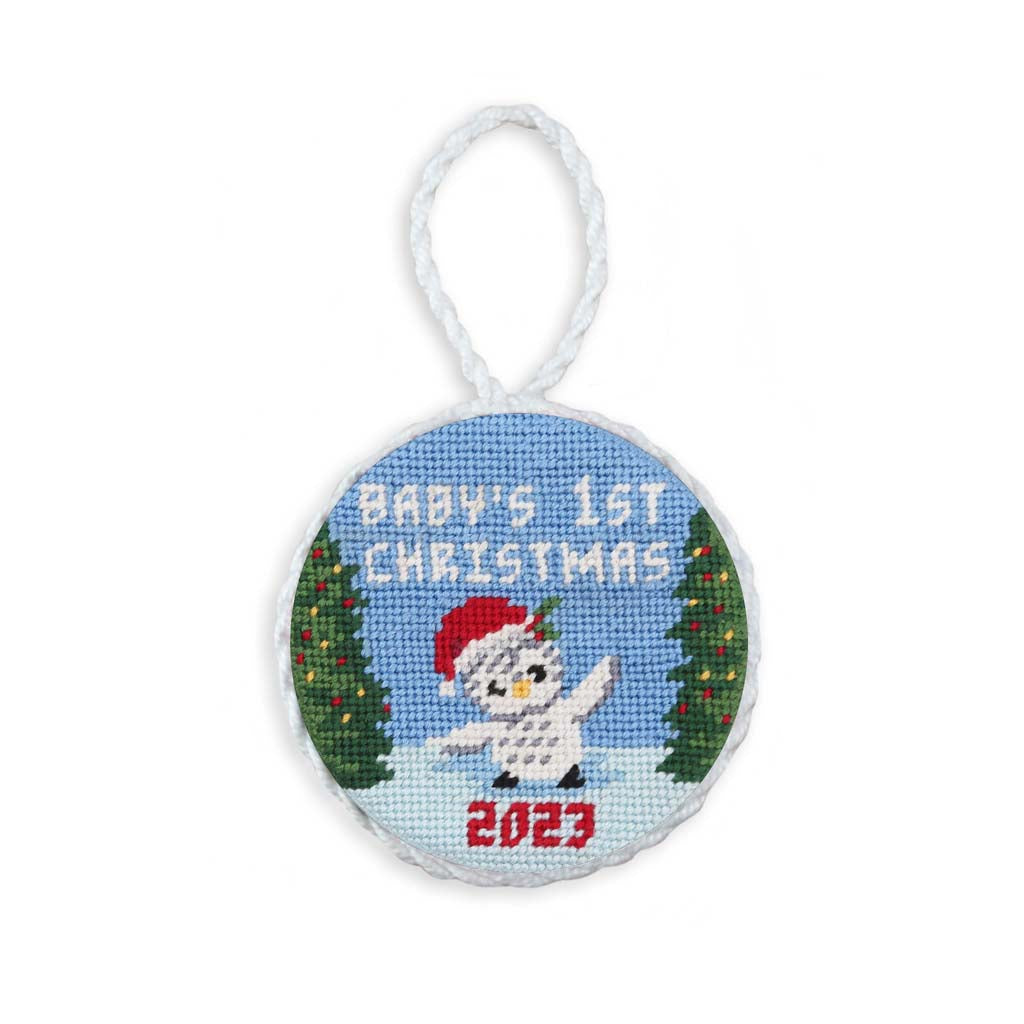 Baby's 1st Christmas Snow Owl 2023 Needlepoint Ornament by Smathers & Branson - Country Club Prep
