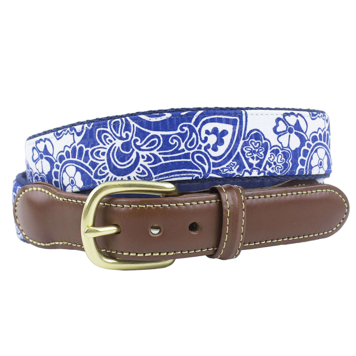 Blue Paisley Leather Tab Belt on Navy Canvas by Country Club Prep - Country Club Prep