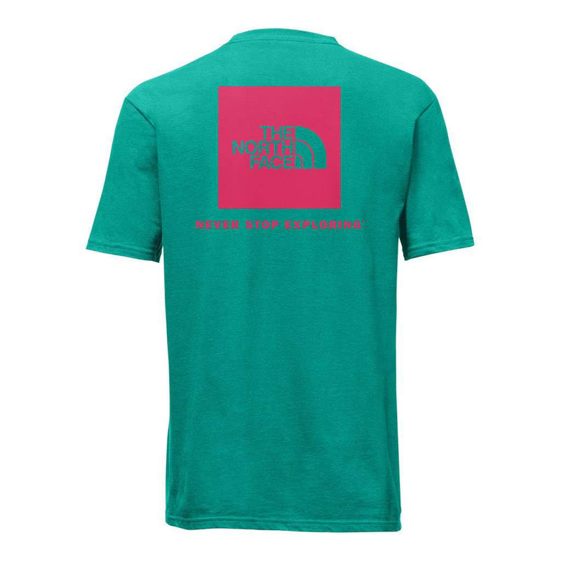 Men's Short Sleeve Red Box Tee in Specter Green & Raspberry by The North Face - Country Club Prep