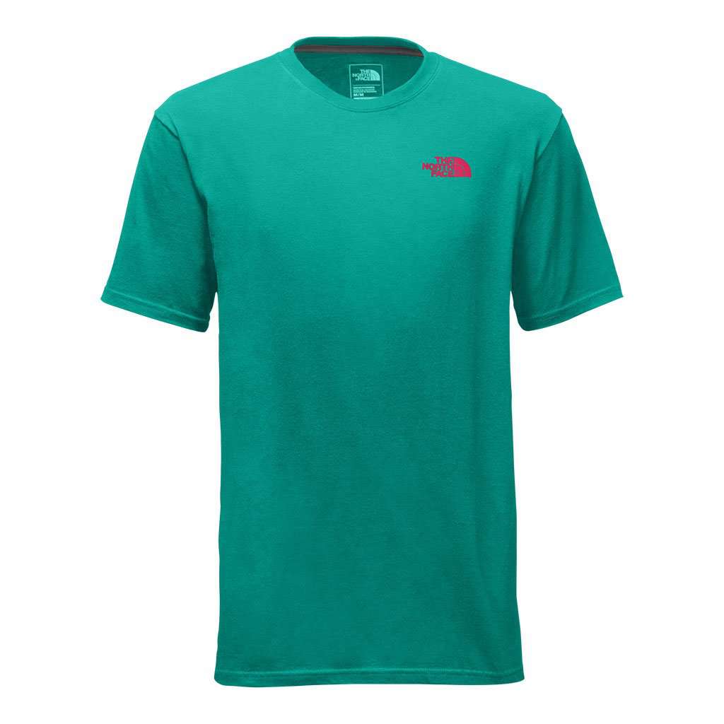 Men's Short Sleeve Red Box Tee in Specter Green & Raspberry by The North Face - Country Club Prep