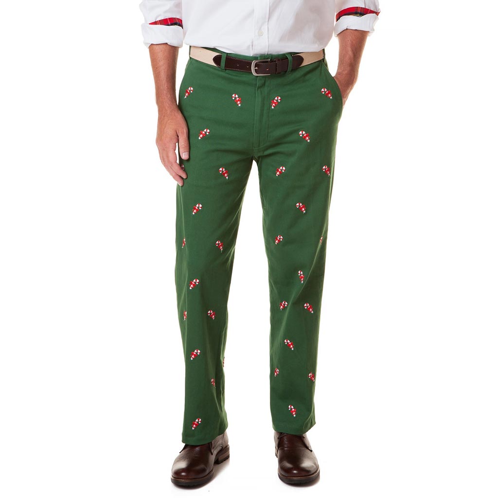 Stretch Twill Harbor Pant in Hunter Green with Embroidered Candy Canes by Castaway Clothing - Country Club Prep