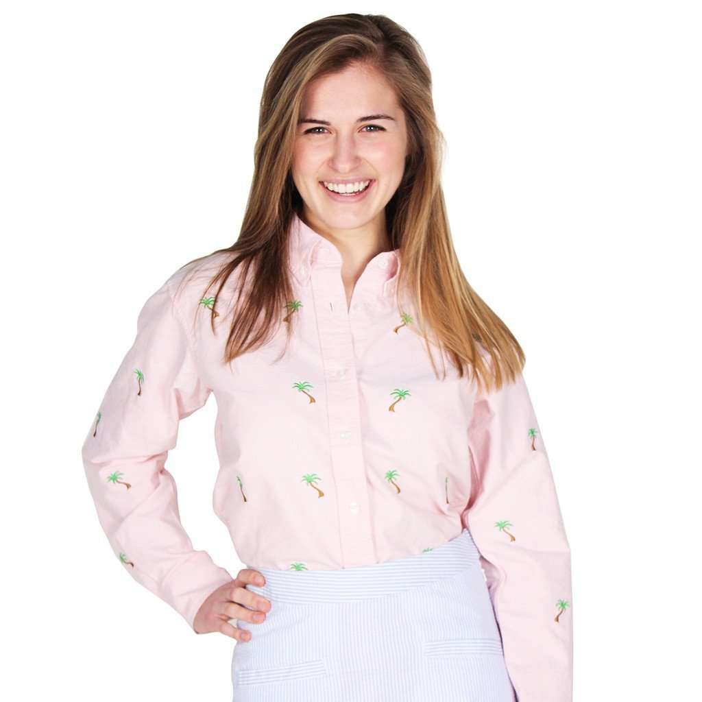 Ladies Oxford Button Down Shirt in Pink w/ Palm Trees by Castaway Clothing - Country Club Prep