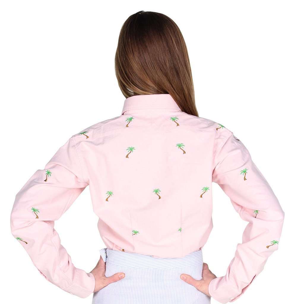 Ladies Oxford Button Down Shirt in Pink w/ Palm Trees by Castaway Clothing - Country Club Prep