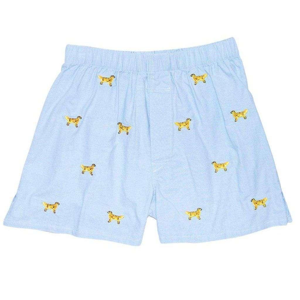 Barefoot Boxer in Blue Oxford with Embroidered Golden Retriever by Castaway Clothing - Country Club Prep