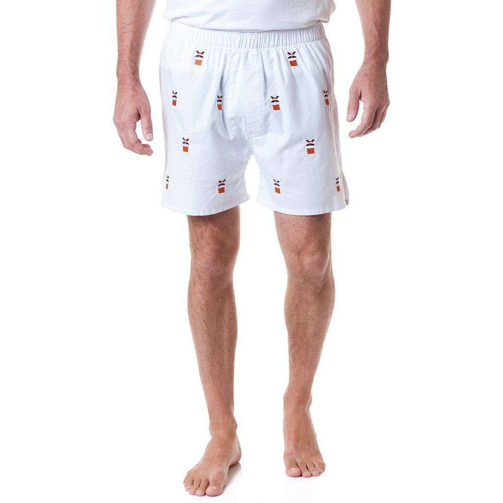 Barefoot Boxer in White Oxford with Embroidered Santa Stuck in Chimney by Castaway Clothing - Country Club Prep